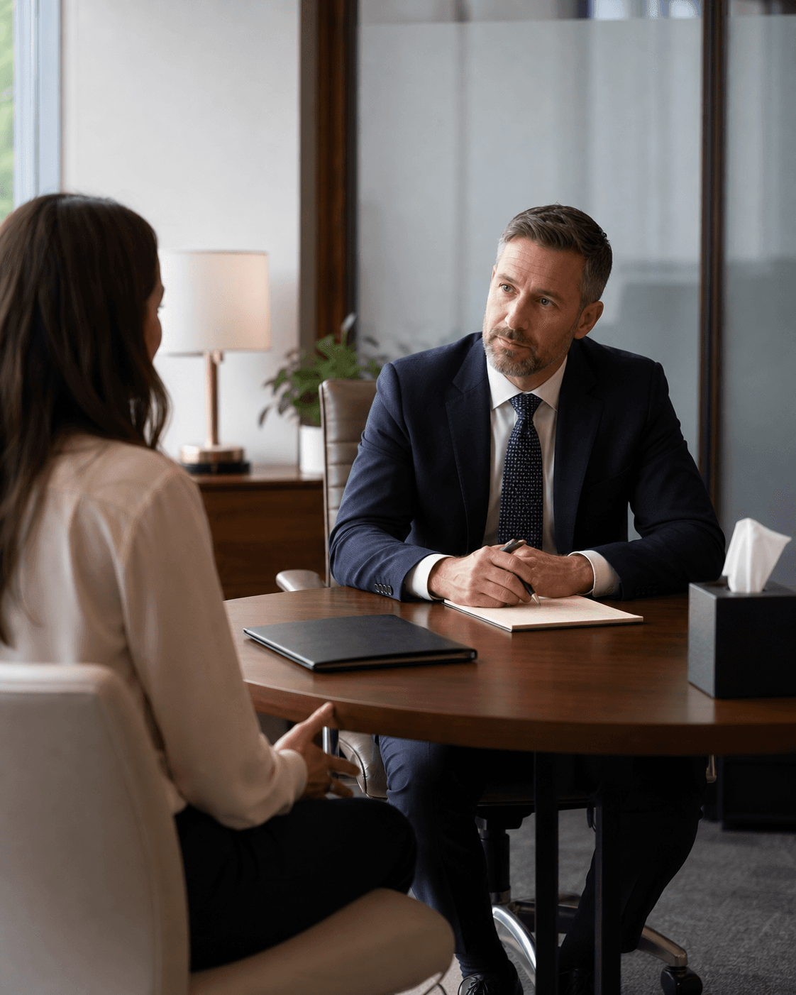 Divorce attorney listening to a prospective client in a private office
